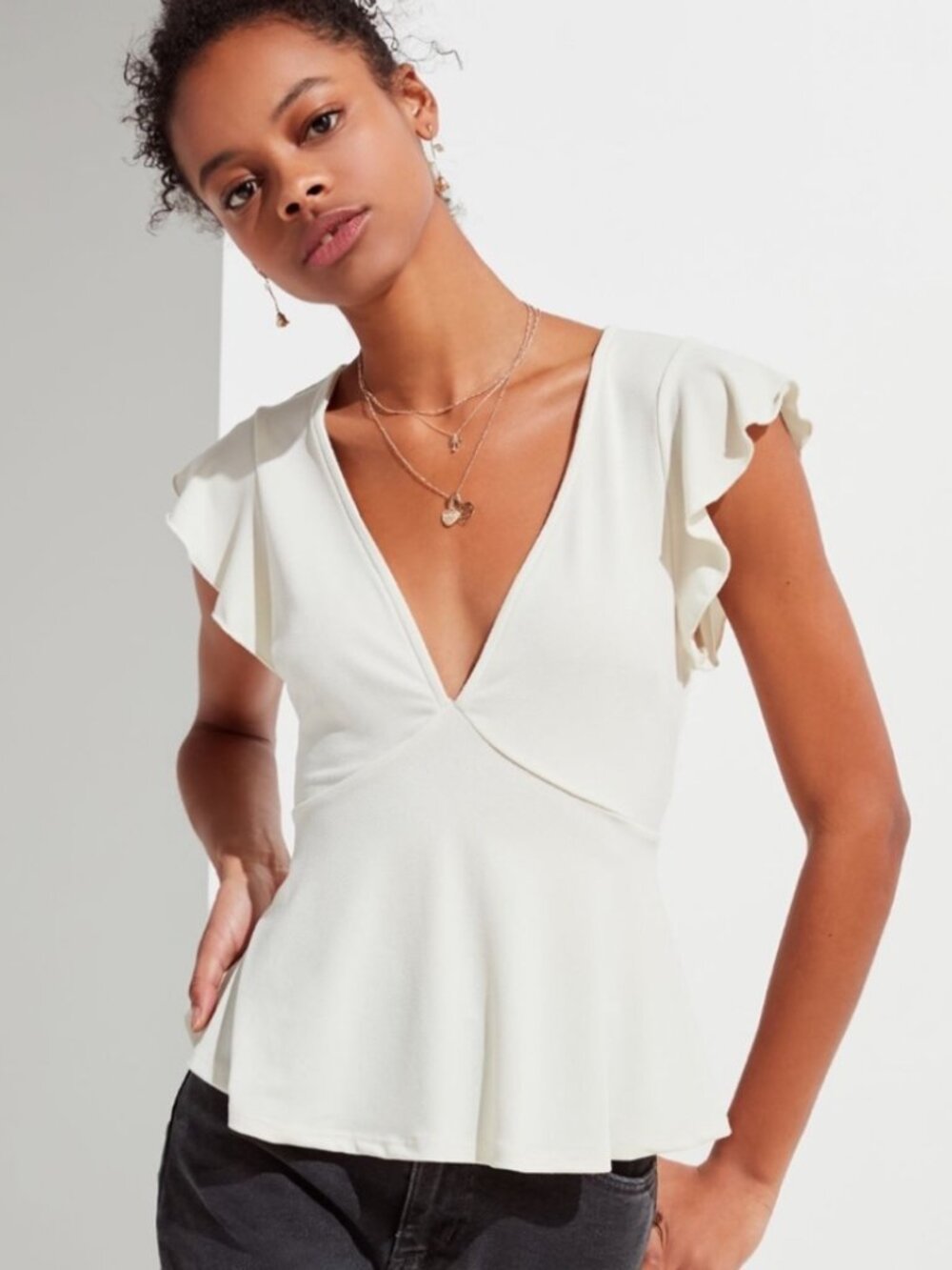 Urban Outfitters Cream V-Neck Peplum Top